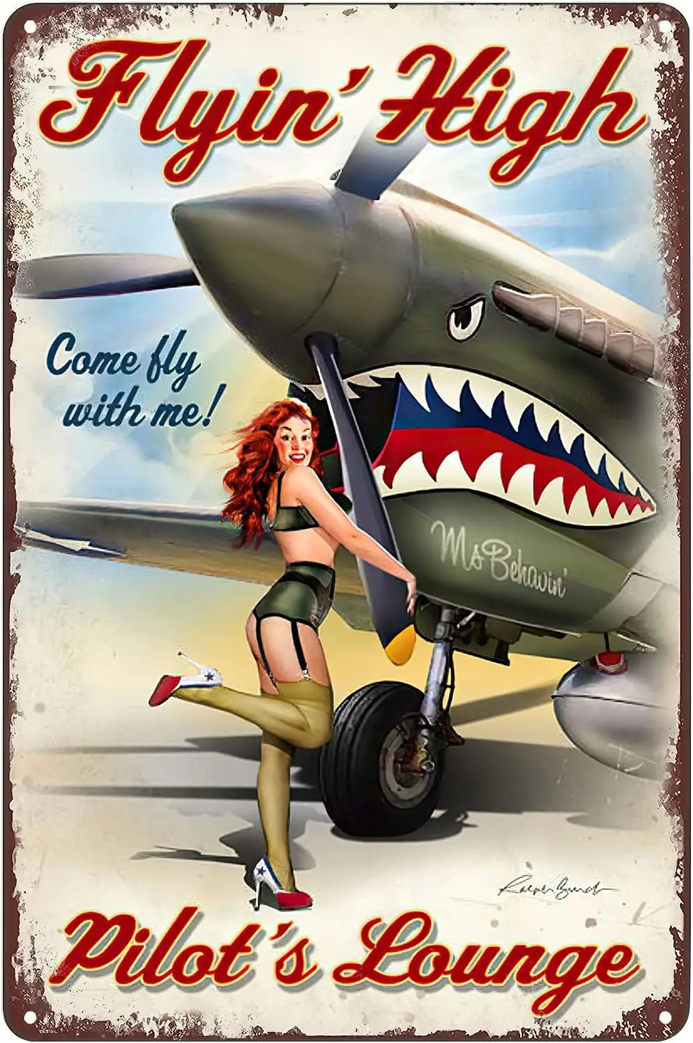 Home Bar Lounge - Vintage-Metallschild, Pin-Up-Mädchen, das hochfliegt, Piloten-Lounge, Militärposter,